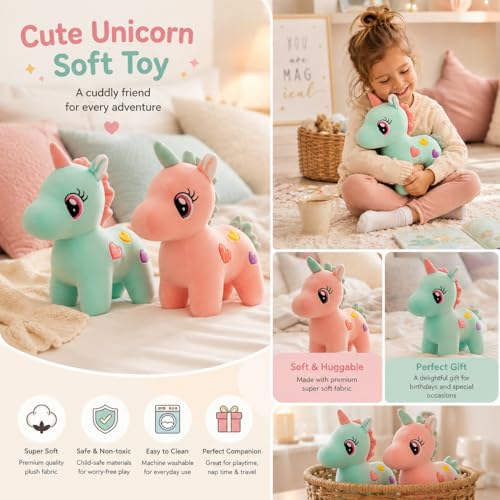 Image of HUG 'n' FEEL SOFT TOYS Pink & Blue Unicorn Plush Soft Toy Pack of 2, 25 CM for Kids Girls Boys | Cute Stuffed Unicorn Teddy Combo | Birthday Gift & Room Decor