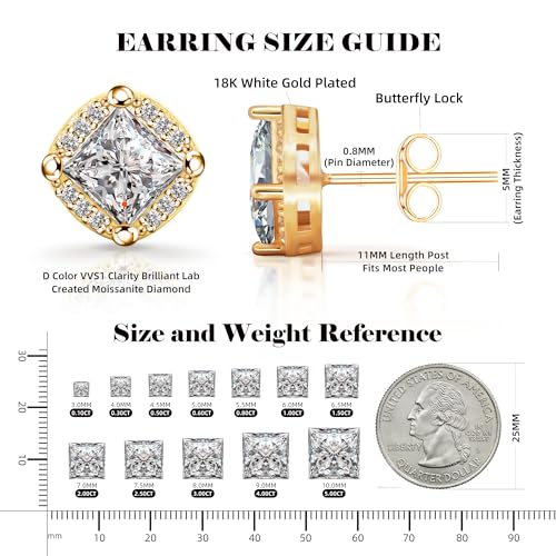 New Princess Cut Moissanite Stud Earrings for Men & Women, 18K White Gold Plated Sterling Silver, D Color VVS1 Lab-Created Moissanite, Brilliant Hypoallergenic Jewelry Gift2