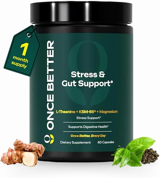 Once Better™️ Stress & Gut Support Supplement – Ashwagandha KSM-66®, L-Theanine, Magnesium Glycinate, Probiotics & Inulin for Digestive Health & Stress Relief – 60 Capsules - Men & Women