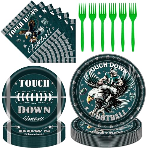 iPartyGo Football Birthday Party Decorations - 96 Pcs Green Eagle Disposable Paper Dessert Plates Napkins Forks Tableware Set Sports Table Decor Supplies for Gameday Tailgate Fans Serves 24 Guests