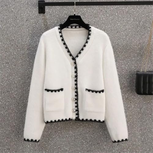 Women Loose Patchwork Sweater Coat Long Sleeves V-Neck Buttons Office Lady Knit Cardigan Top3
