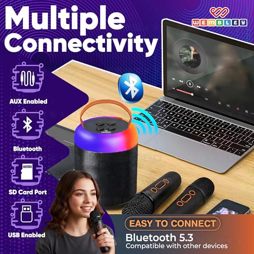 Image of Wembley Bluetooth Karaoke Speaker Set | Speaker with Two Wireless Microphones | HD Sound with 6 Sound Modes | 5W Output Speaker | Birthday Gift for Kids and Adults (Cylindrical, Black)