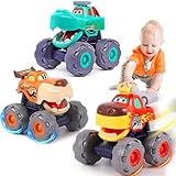 MOONTOY Toy Cars for 1 2 3 Year Old Boys, 3 Pack Friction Powered Cars Pull Back Toy Cars Set - Bull Truck, Leopard Truck, Crocodile Trucks, Push and Go Toy Cars for Toddler Boys Baby Gift.