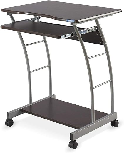 Nilkamal Leo Engineered Wood Computer Trolley | Table with Keyboard Tray and 1 Shelf | Black/Walnut