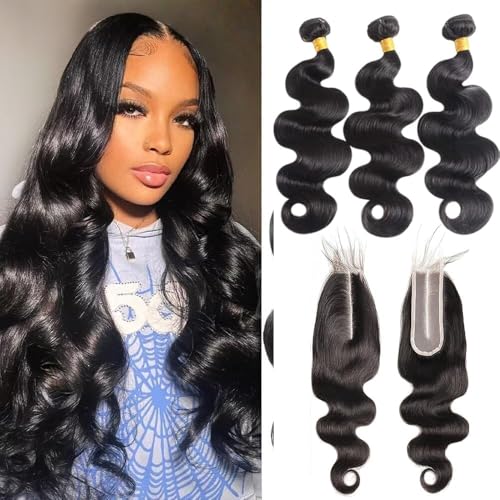Body Wave Bundles with Closure Human Hair(18 20 22+2x6 Lace Closure 16inch)