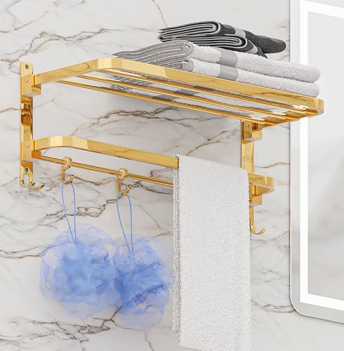 Image of Towel Rack for Bathroom, Shelf for Wall with Towel Hooks, Towel Rack, Kitchen Accessories Items Wall Mounted for Heavy-Duty Elegance(Gold, 24 Inch)