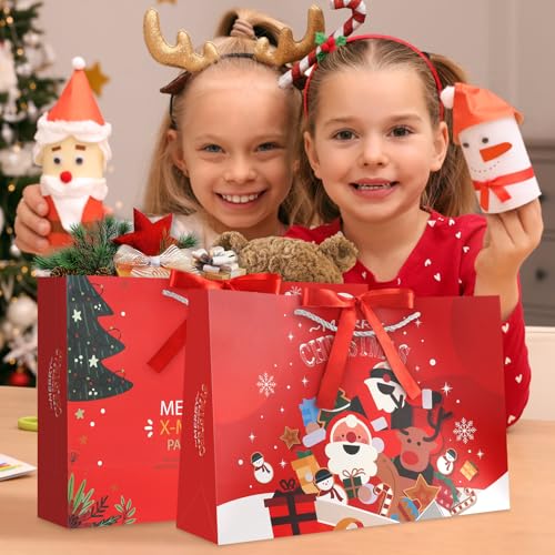 Image of JMANNI Christmas Gift Bags,1PCS Large christmas Gift Bag with Ribbon and 1 Greeting Card 2 Tissue Papers, Portable Paper Gift Bag with Handles, Reusable and Perfect For Your Xmas Presents （Red）