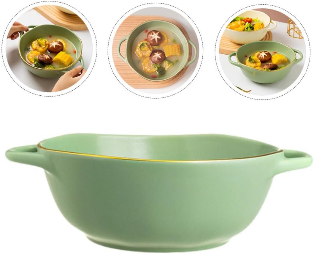 Ceramic Baking Dish with Handles, Double Ear Soup Bowl, Matcha Green Porcelain Salad and Instant Noodles Bowl for Oven and Microwave Use in Home Kitchen
