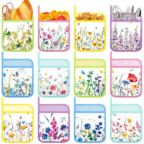Pickmesh 12 Pcs Floral Pot Holders for Kitchen with Pocket Heat Resistant Hot Pad Cotton Wildflowers Potholders Floral Oven Mitts Gloves for Cooking Baking, 9 x 7 Inch