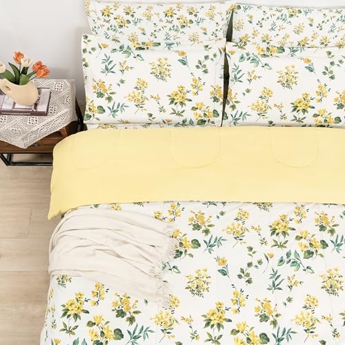 Image of lasoftan Floral King Comforter Set with Sheets, 7 piece Luxury Vintage Bedding, Soft Microfiber Bed in a Bag, Cozy Lightweight Bed Set, Yellow Flower Green Leaves