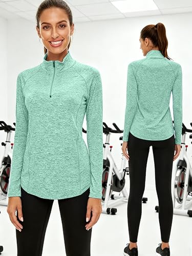 Sudadera atlética de manga larga de secado rápido para mujer, con cremallera de 1/4, camiseta de entrenamiento atlético para entrenamiento, Verde, Large