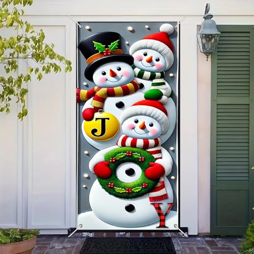 Image of BlissYard Christmas Door Cover 71x35 Inch Snowman Family Door Banner Joy Winter Porch Sign for Front Door Stacked Snowmen Top Hat Santa Hat Green Scarf Holly Bells Entry Decor Outdoor Hanging Cover
