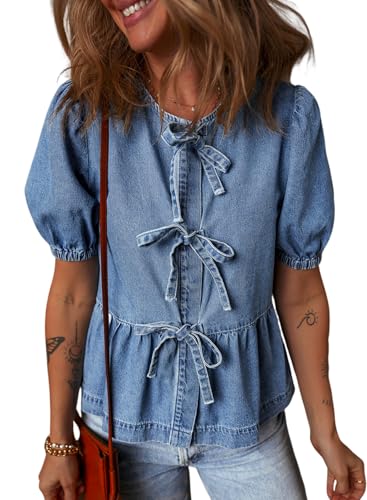 Deer Lady Womens Denim Shirt Bow Tie Front Tops Puff Sleeve Blouses Babydoll Peplum Summer Trendy Crewneck Shirts