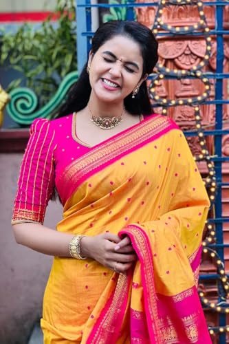 Image of Women's Kanjivaram Cotton Silk Saree South Indian Paithani Sari | gadwal cotton sarees with Zari Border and Blouse Piece - Suitable For All Indian Occasions and Festivals 191