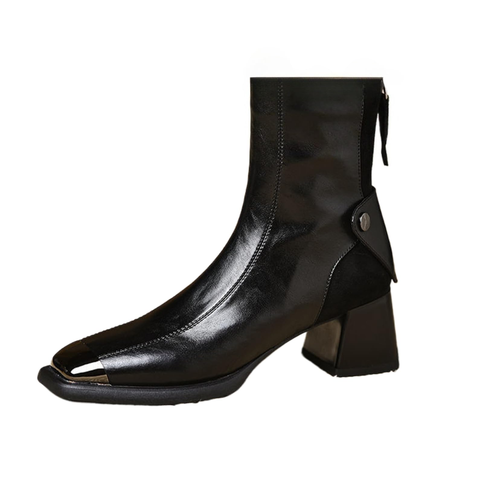 Womens Leather Back Zipper Ankle Boots Retro Metal Square Toe Thick High Heel Comfortable Fashion Warm For Autumn