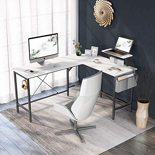 Image of Cubiker Modern L-Shaped Computer Office Desk, Corner Gaming Desk with Monitor Stand, Home Study Writing Table Workstation for Small Spaces, White