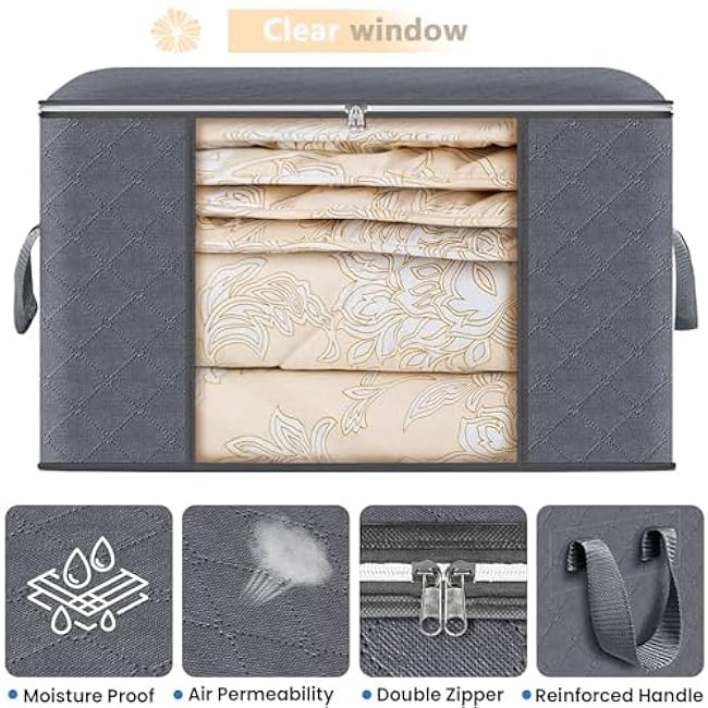 90L 6 Pack Closet Organizers and Storages Blanket Storage Clothes Storage Bag Foldable Storages Bin Sturdy sewn by 3 Layers Fabrics with Reinforced Handle Clear Window for Comforter,Sweaters,Coats