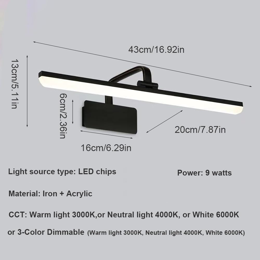 Lampy Lustro Łazienkowe Nowoczesne LED Liniowe, Oświetlenie nad Lustrem Regulowana Głowica Lampy Ścienna Łazienk do Makijażu(Black(3 modes),43cm/16.92in)