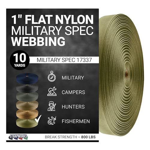 Strapworks Military Spec Flat Nylon Webbing MilSpec 17337 Strap for Slings, Backpack Straps, Tactical Projects, 1 Inch x 10 Yards, Olive