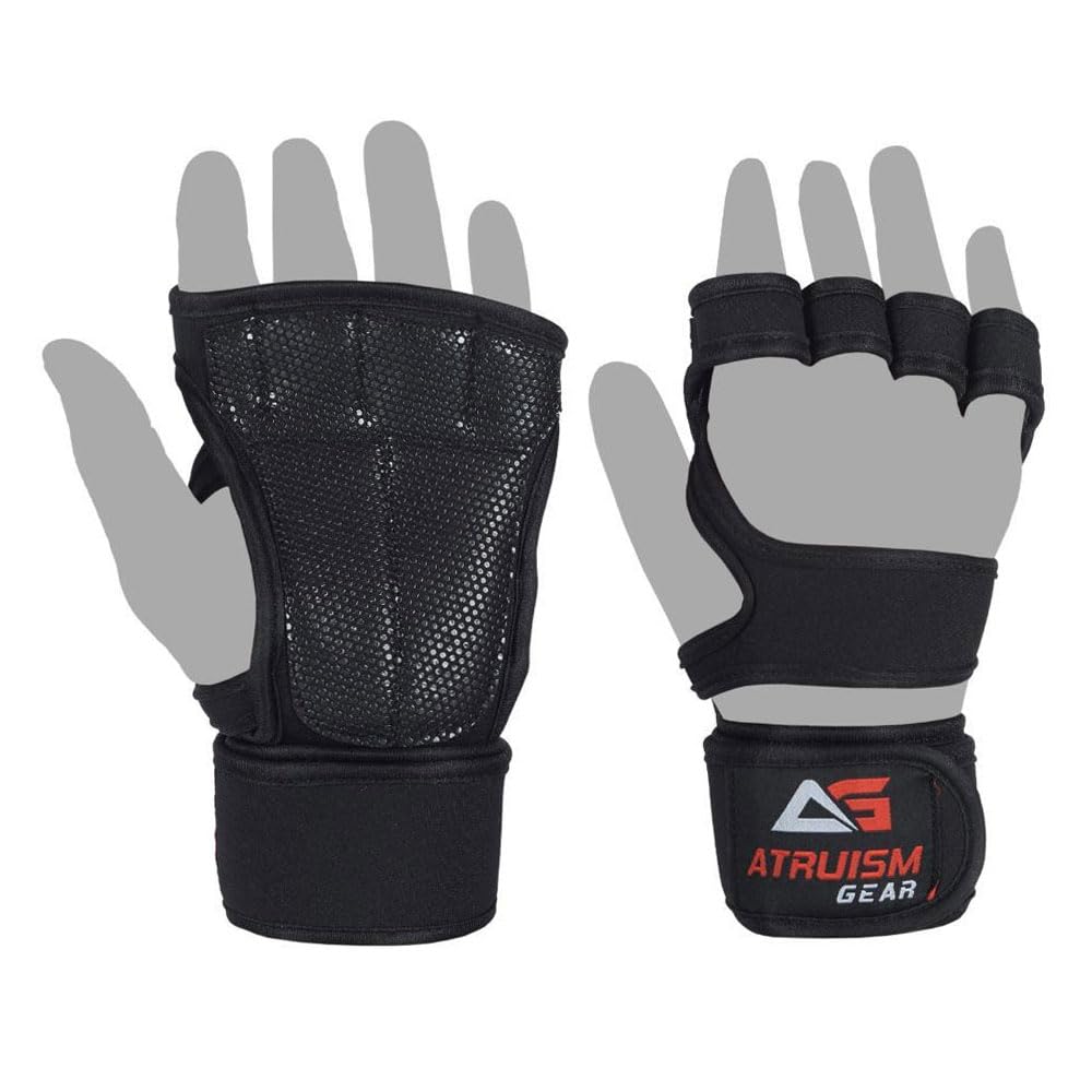 Atruism Gear Gym Gloves for Men & Women, Open Finger, Adjustable Wrist Wrap, Breathable Silicone Grip, for CrossFit, Weightlifting, Bodybuilding (Black, S)