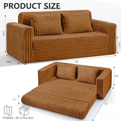 Image of HABUTWAY 78 inch Loveseat Boneless Couch, 4-in-1 Convertible Sofa Bed, Plush Fur Folding Futon Sofa Bed Couches with 2 Pillows for Living Room, High-Density Foam Support, No Assembly Required, Orange