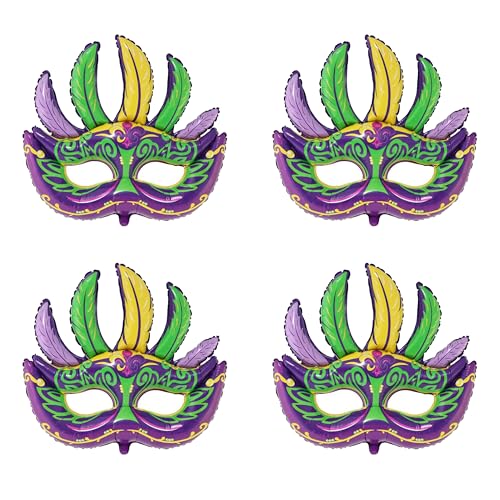 PageebO Mardi Gras Mask Foil Balloons 4pcs Mardi Mask foil Balloons for Front Door Carnival Birthday New Orleans Masquerade Fat Tuesday Theme party Decorations