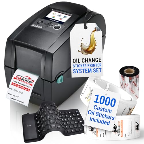 McAuley Labels Oil Change Sticker Printer Machine - Godex RT200i Next Service Reminder Stickers Printer System Set - Fully Programmed Package - Comes with 1000 Custom Oil Labels, Ribbon & Keyboard