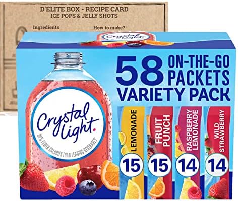 Crystal Light Sugar-Free, Lemonade, Fruit Punch, Raspberry Lemonade and Wild Strawberry On-The-Go Powdered Drink Singles Mix Variety Pack, 58 Count, Each Packet Dissolves into any 16.9 oz. container and comes with a Bonus Recipe Card curated by D'Elite Box