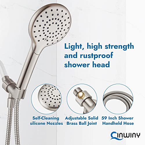 Cinwiny Hand Held Showerhead High Flow Brushed Nickel Wall Mounted Round Abs One Mode Handheld Sprayer With Adjustable Shower Bracket And 59” Stainless Steel Hose #TOP4