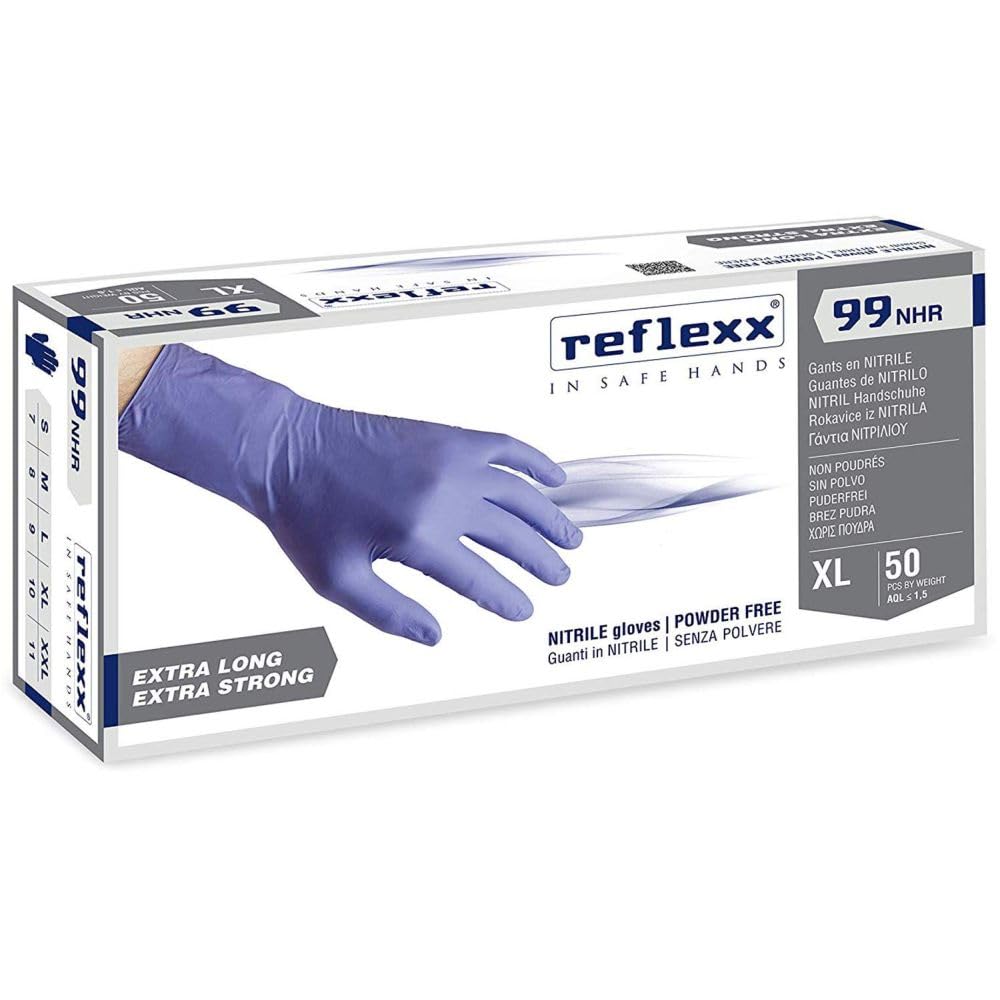 REFLEXX R99 NHR 200/500 Guanti in nitrile INDACO - HIGH RISK - 8,8 GRAMMI ALTA RESISTENZA - VARIE TAGLIE OFFERTA - LUNGHEZZA MAGGIORATA (500 pezzi Taglia L)