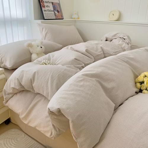 Image of MKXI Ultra-Slim Stripes Washed Cotton Duvet Cover Set, Breathable Textured Coastal Bedding in Oyster White & Sand Dune, Full 3-Piece, Nautical Stripe