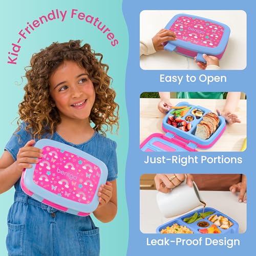 Image of Bentgo Kids Prints Leak-Proof, 5-Compartment Bento-Style Kids Lunch Box - Ideal Portion Sizes for Ages 3-7, Durable, Drop-Proof, Dishwasher Safe, & PFAS & BPA-Free Materials (Rainbows & Butterflies)
