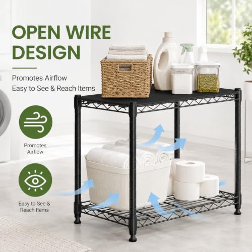 Image of Simple Deluxe 2 Tier Wire Shelving Unit, Heavy Duty Metal Storage Rack with Adjustable Feet, Stackable Tool-Free Utility Shelf for Kitchen, Laundry Room, Garage, Office, Black