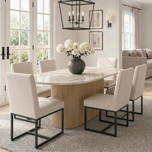 Image of HNY Modern Dining Chairs Set of 6, Upholstered Linen Dining Room Chairs with Ergonomic Back & Metal Frame for Home, Kitchen, Apartment, Cream
