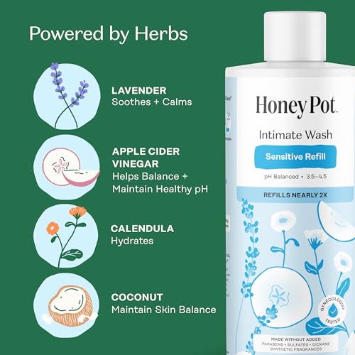 Image of The Honey Pot Company - Feminine Wash - Sensitive Refill - pH Balanced, Herbal Infused Plant-Based Feminine Care for Sensitive Skin - Daily Intimate Cleanser for Women - 10.50 Fl Oz