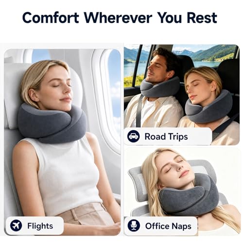 Travel Neck Pillow for Airplanes, Memory Foam Airplane Pillow with Wrap-Around Neck & Chin Support, Travel Pillow with Carry Bag, Eye Mask & Earplugs for Long Flights, Car Rides & Road Trips, Gray — view 6