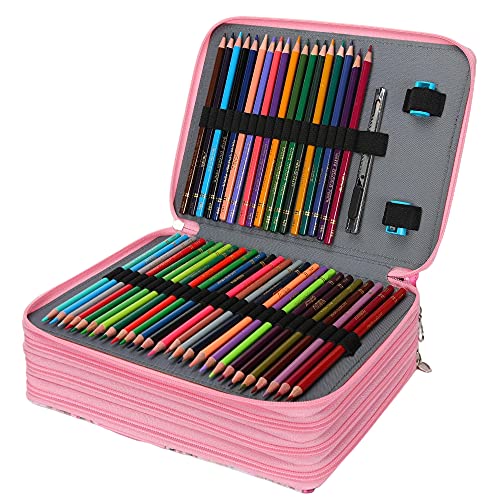 Image of Vomgomfom 200 Slots Pencil Case 4-Layer PU Leather, Handle, Pink Flower