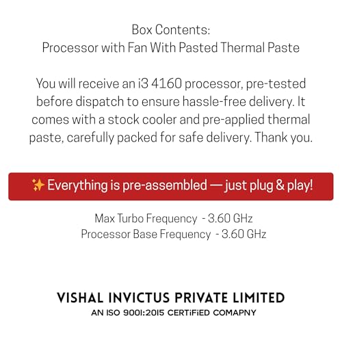 Image of Core i3 4160 4th Generation LGA 1150 Socket Desktop Processor with Fan | 2 Cores 4 Threads | Upto 3.6 GHZ | Virtualization Enabled | Thermal Paste Included | HD Graphics 4400 | 3 MB Cache