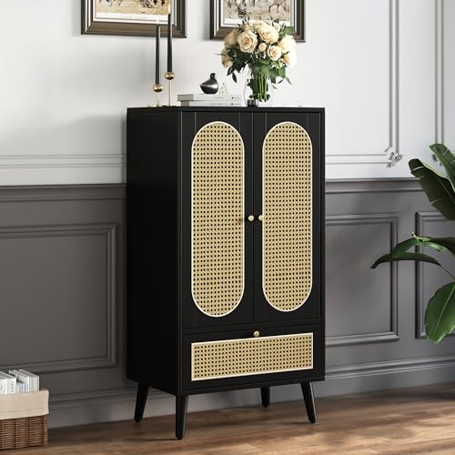 BXEYXE Kompaktes Sideboard (1.1m). Rattan-Design. Schwarz. 2 Türen. 1...