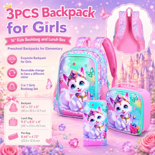 Image of 3Pcs Fox Backpack for Girls, 16 inch Kids Bookbag with Lunch Box，School Backpacks for Elementary Preschool Kindergarten (Pink)