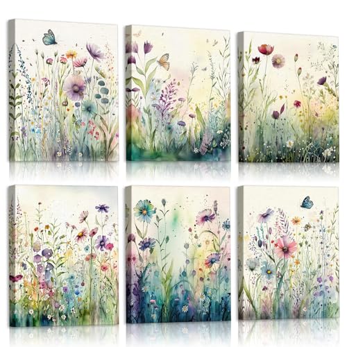 Vercraft 6 Pcs Framed Watercolor Flowers Canvas Wall Art Colorful Wildflower Wall Decor floral Botanical Picture farmhouses Decor for Home Office Bedroom Plant Printing Painting, 8 x 10 Inch