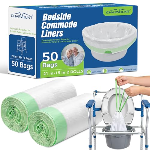 Charmount Bedside Commode Liners Disposable Commode Bags with Drawstring Leakproof Universal Fit Portable Toilet Chair Bucket & Bedpan Liners for Home & Camping Use-50 Pack