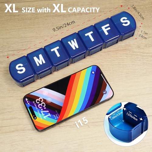 Image of Extra Large Weekly Pill Box Organizer 7 Day, MOLN HYMY 1 Week Jumbo Pill Dispenser Case One Time a Day, Daily Medicine Container to Hold Medication, Vitamins, Fish Oils and Supplement (Blue