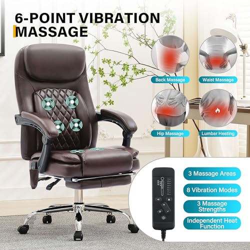 Image of 6-Point Massage Office Chair with Heated, Ergonomic Office Chair with Footrest & 45Reclining High Back, Big and Tall Executive Office Chair 500LBS, Thick Cushion Desk Chair for Home Office, Brown(PU)