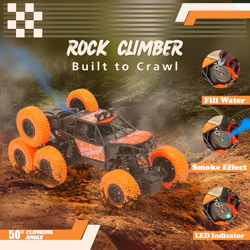 Image of Gooyo GY-104SP Hi-Speed Rechargeable Remote Control Rock Crawler Car with Smoke | 8 Tyres Monster Truck with Spray | 4x4 Off-Road RC Car Toy | Orange | in-Built Battery | Gift Box Packaging