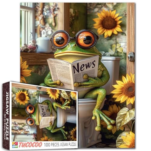 Funny Frog on Toilet 1000 Piece Puzzle for Adults Big Eyed Frog Reading Newspaper Jigsaw Bathroom Decor with Sunflowers Whimsical Animal Puzzles for Men Women Family Challenging Unique Puzzle Gift