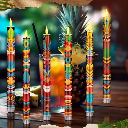 Image of Aurelema 6 Pcs Tribal Tiki Flameless Candles Hawaiian LED Flameless Candle Set Battery Operated Taper Flickering Candles Luau Celebration with Remote for Summer Holiday Tiki Bar Party Table Decor Gift
