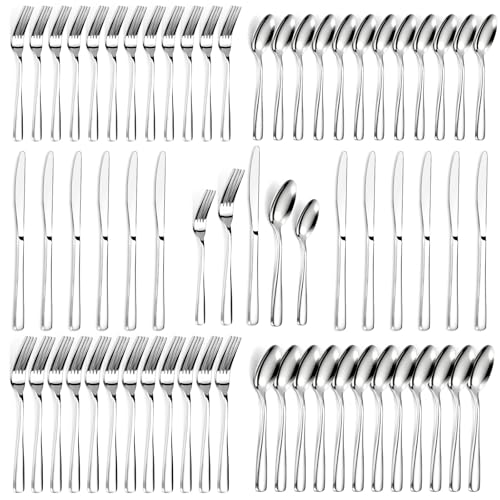 Bestdin 60 PCS Silverware Sets - Mirror Polished Flatware Set for 6, Including Knives, Spoons and Forks, Cutlery Set, Dishwasher Safe & Stainless Steel Silverware for Wedding Gift, Home & Party Use