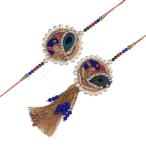Image of eCraftIndia Diamonds, Pearls Designer Bhaiya Bhabhi Rakhi Set with Roli Chawal Pack -