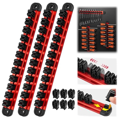 3-Piece Magnetic Screwdriver Organizer and Wrench Organizer 42-Slot Screwdriver and Wrench Holder Magnetic Aluminum Rail Tool Organizer for Tool Box Drawer Wall-Mount Storage Red(Tools not Included)